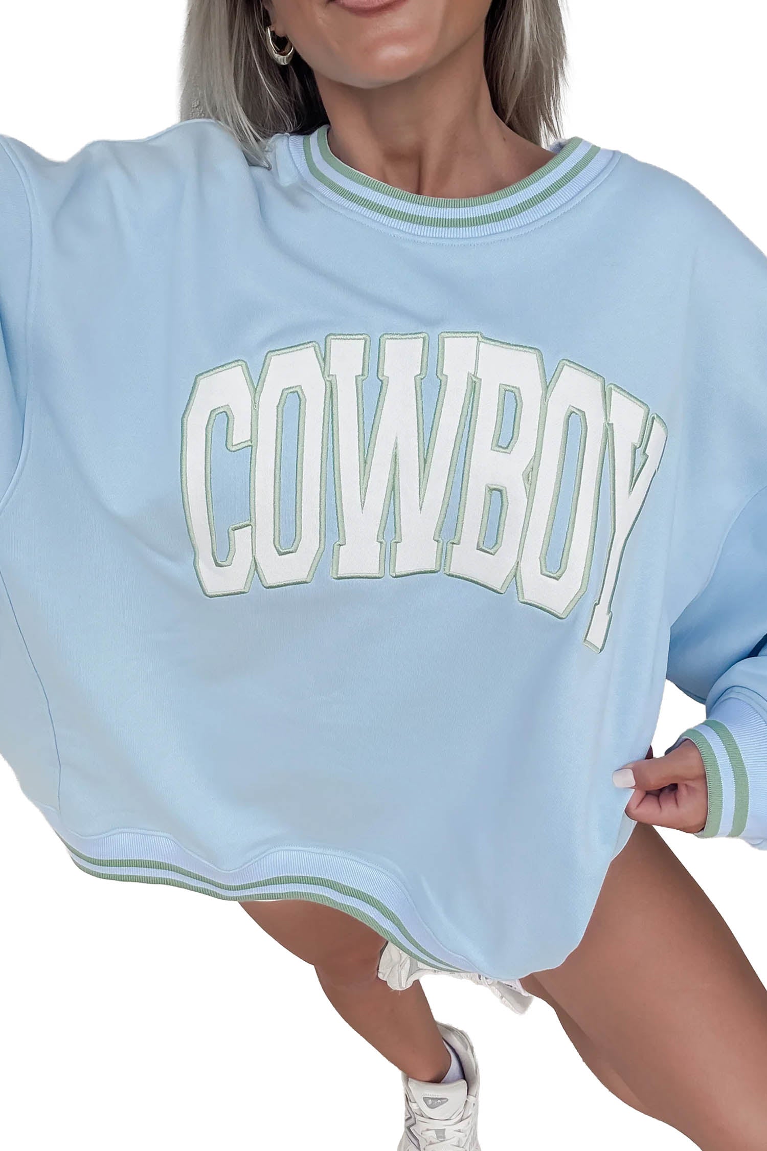 Beau Blue Embroidered Cowboy Letter Print Long Sleeve Round Neck Sweatshirt