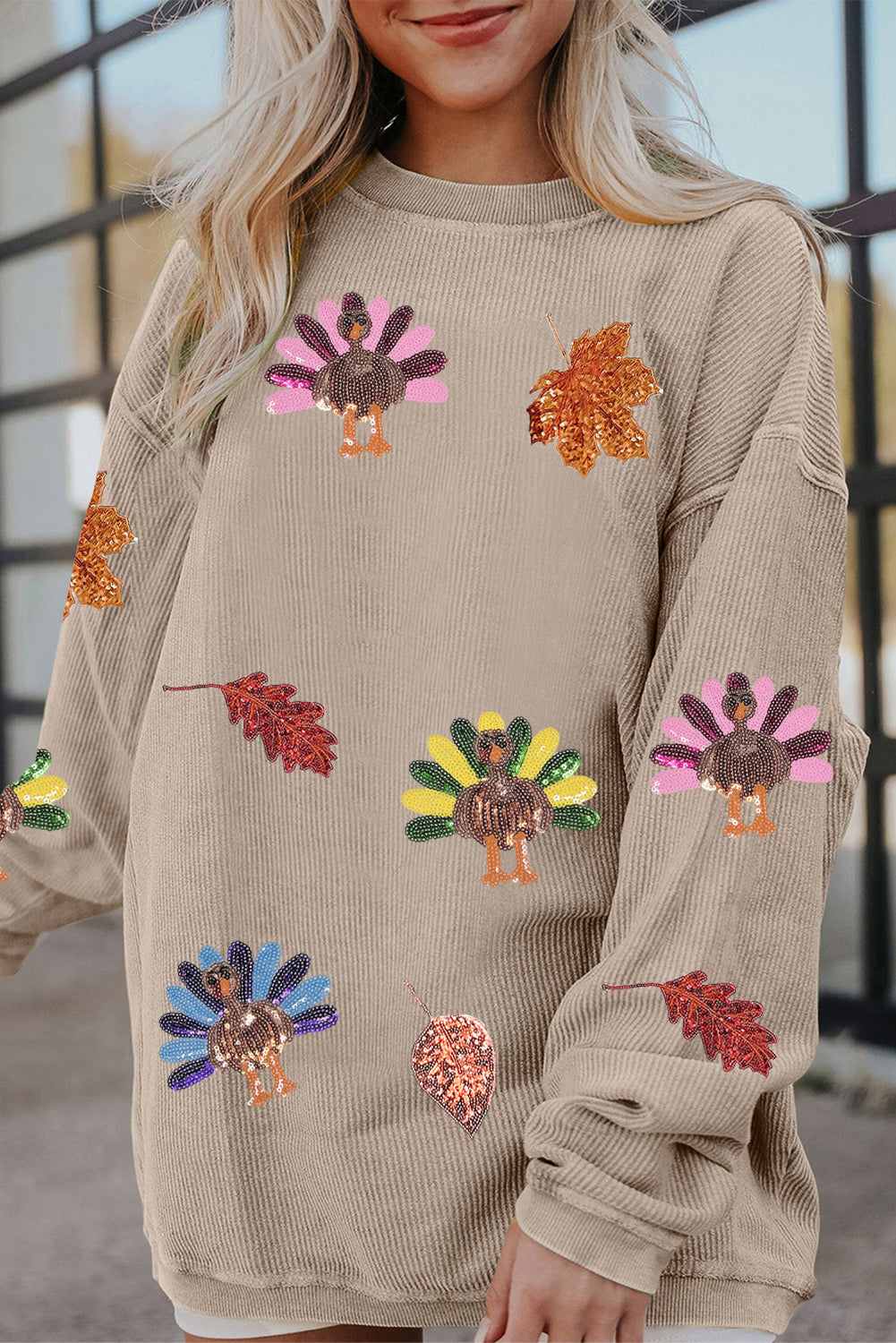 Smoke Gray 3D Ribbed Sequin Fall Leaf Turkey Graphic Baggy Sweatshirt