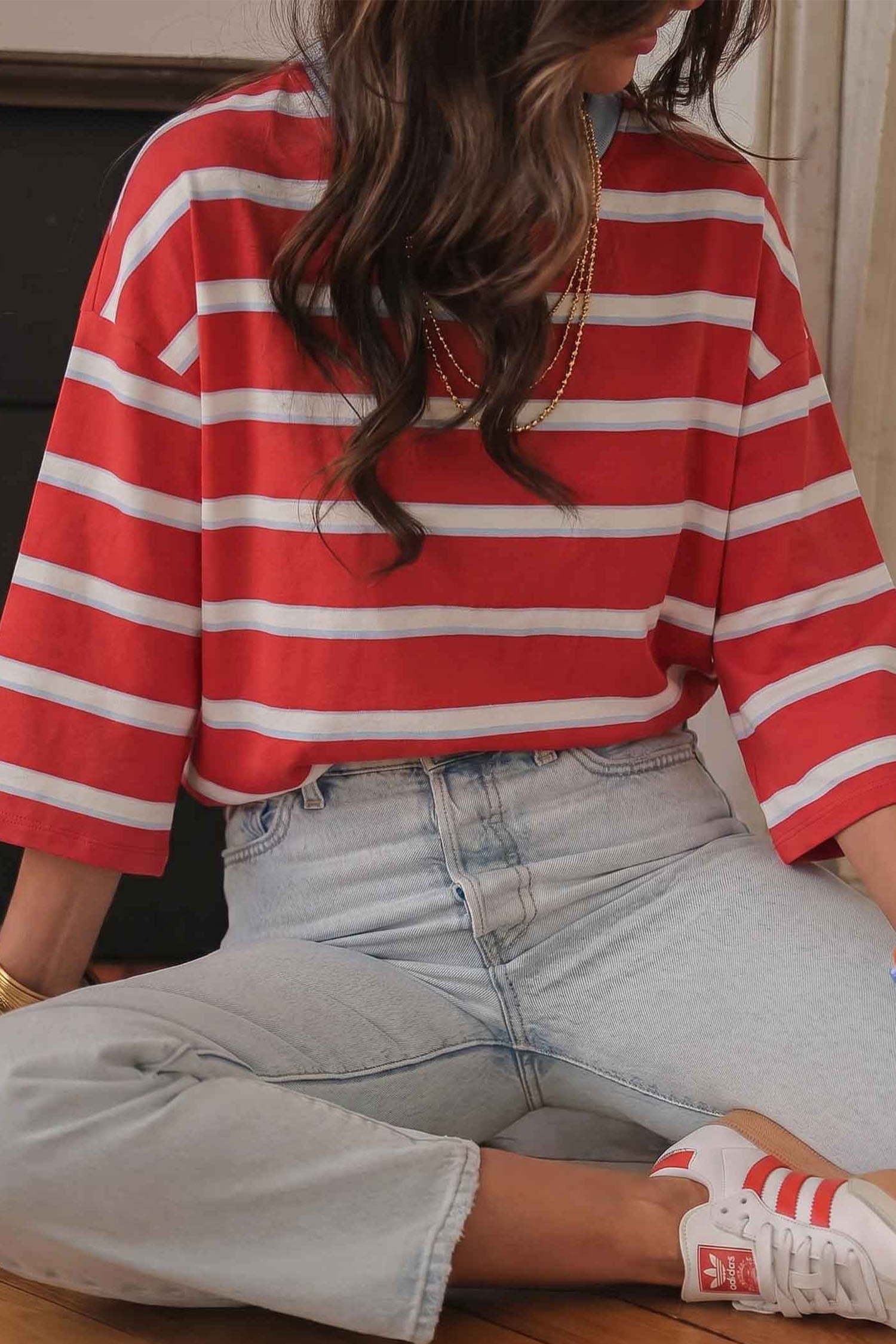 Racing Red Striped Bow Tie Hollowed Back 7/8 Sleeve Casual T-Shirt