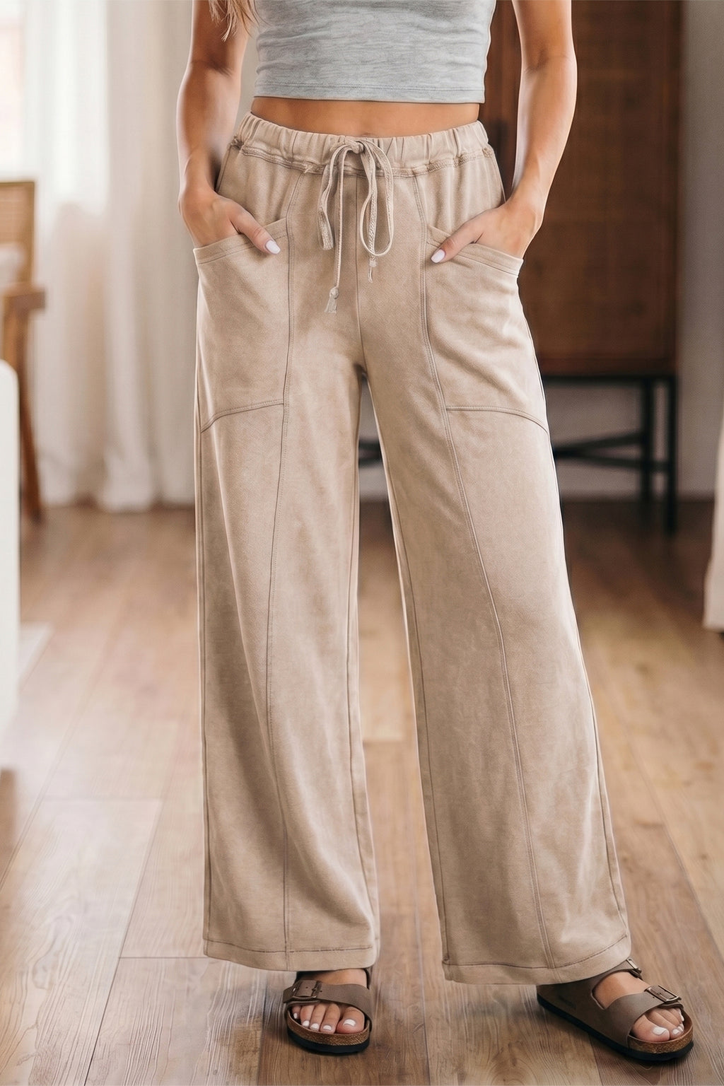 Mineral Wash Drawstring High Waist Wide Leg Western Pants