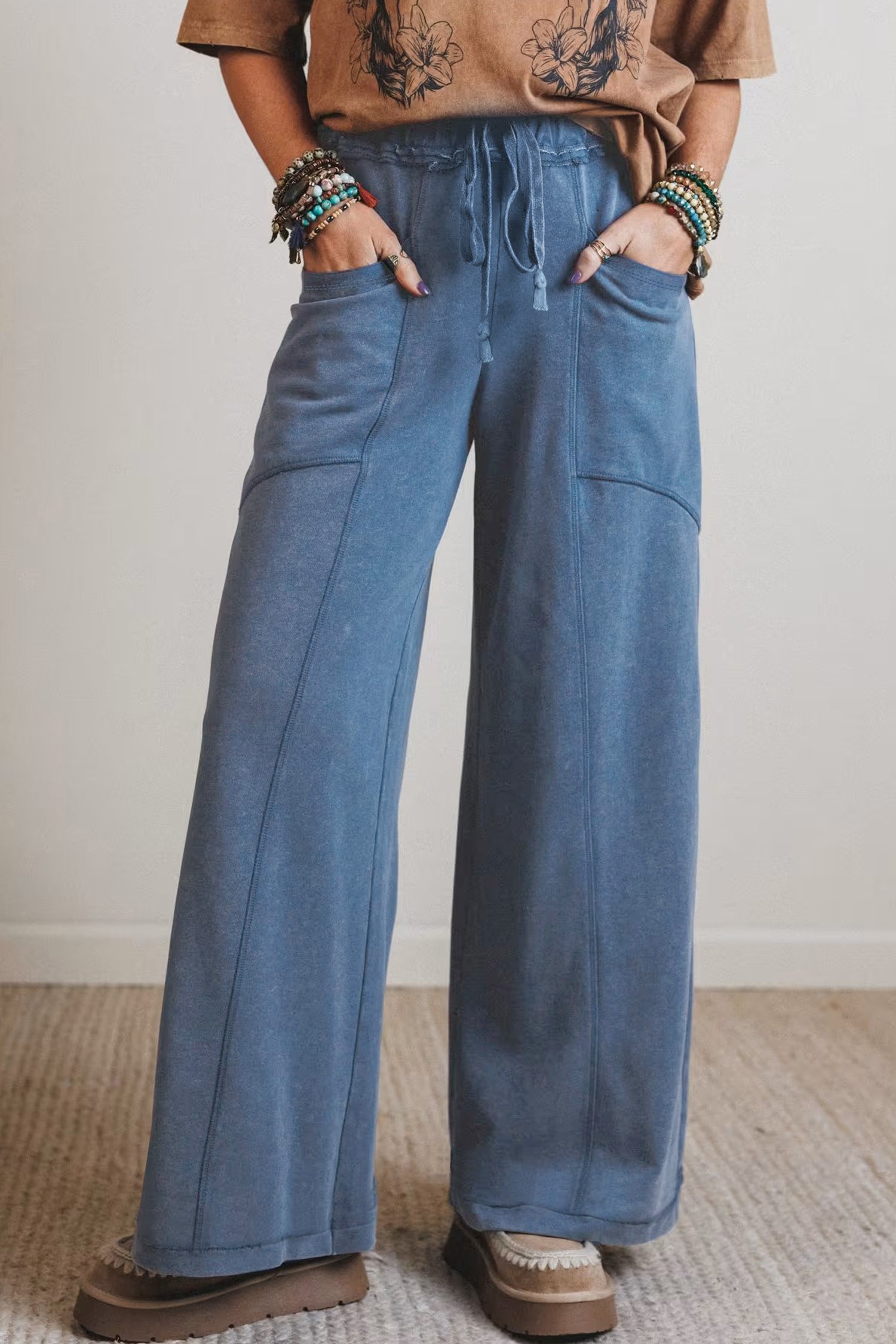 Mineral Wash Drawstring High Waist Wide Leg Western Pants