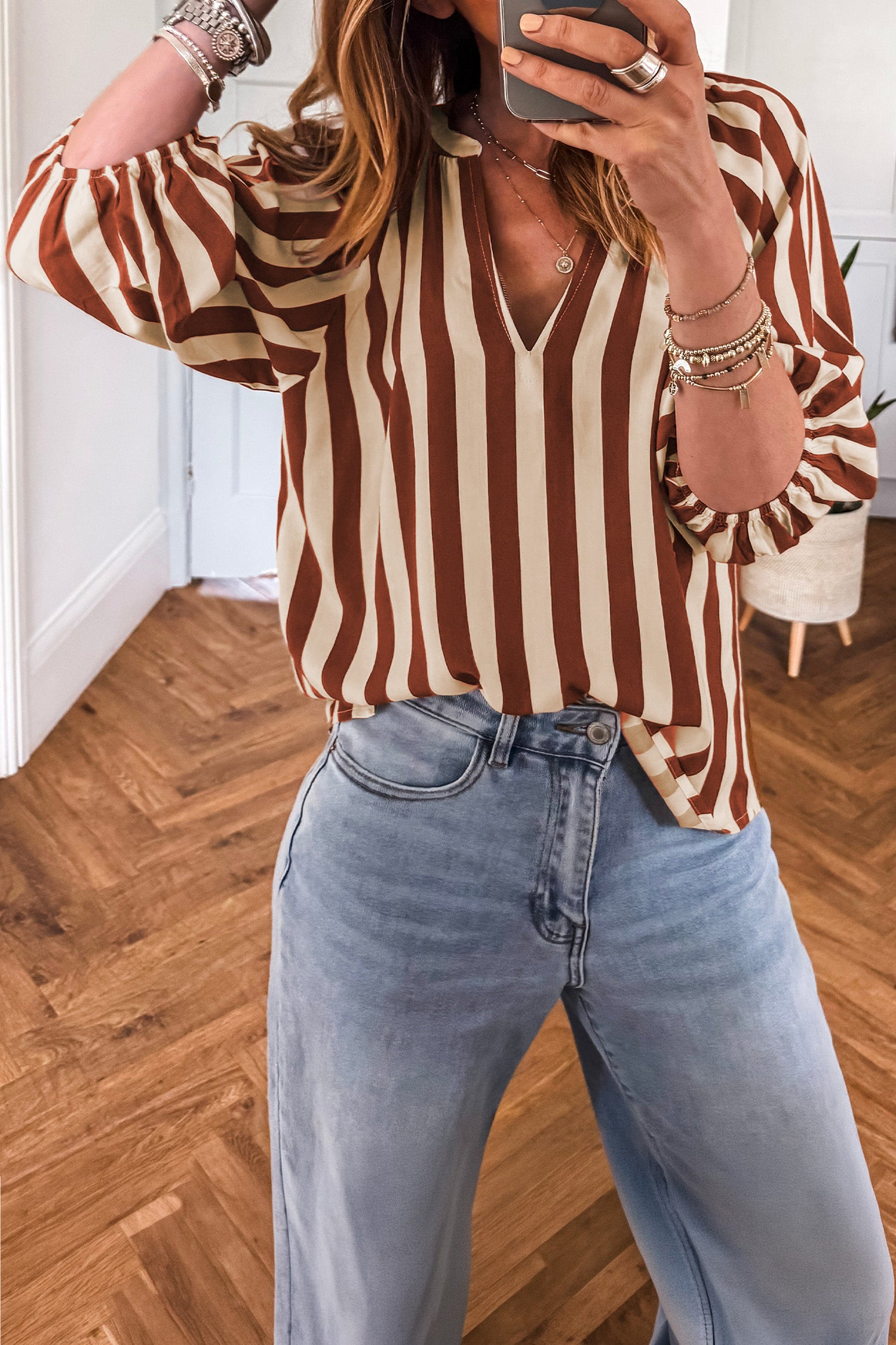 Mocha Stripe V-Neck Top