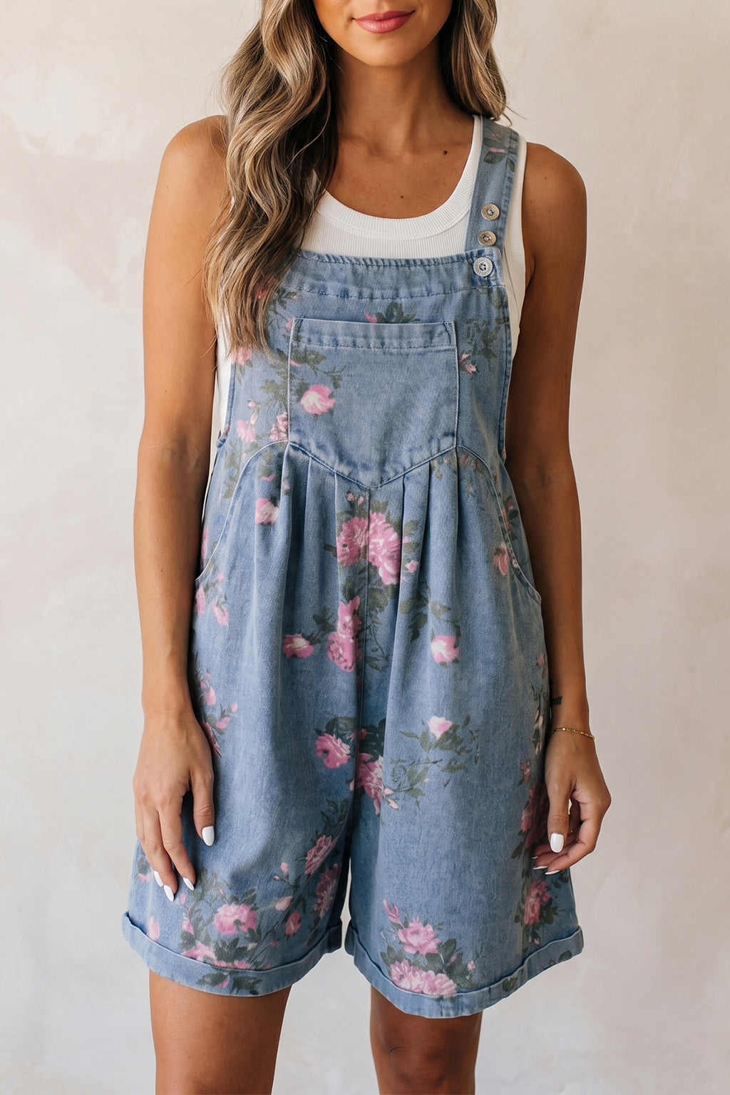 Floral Print Denim Shortalls