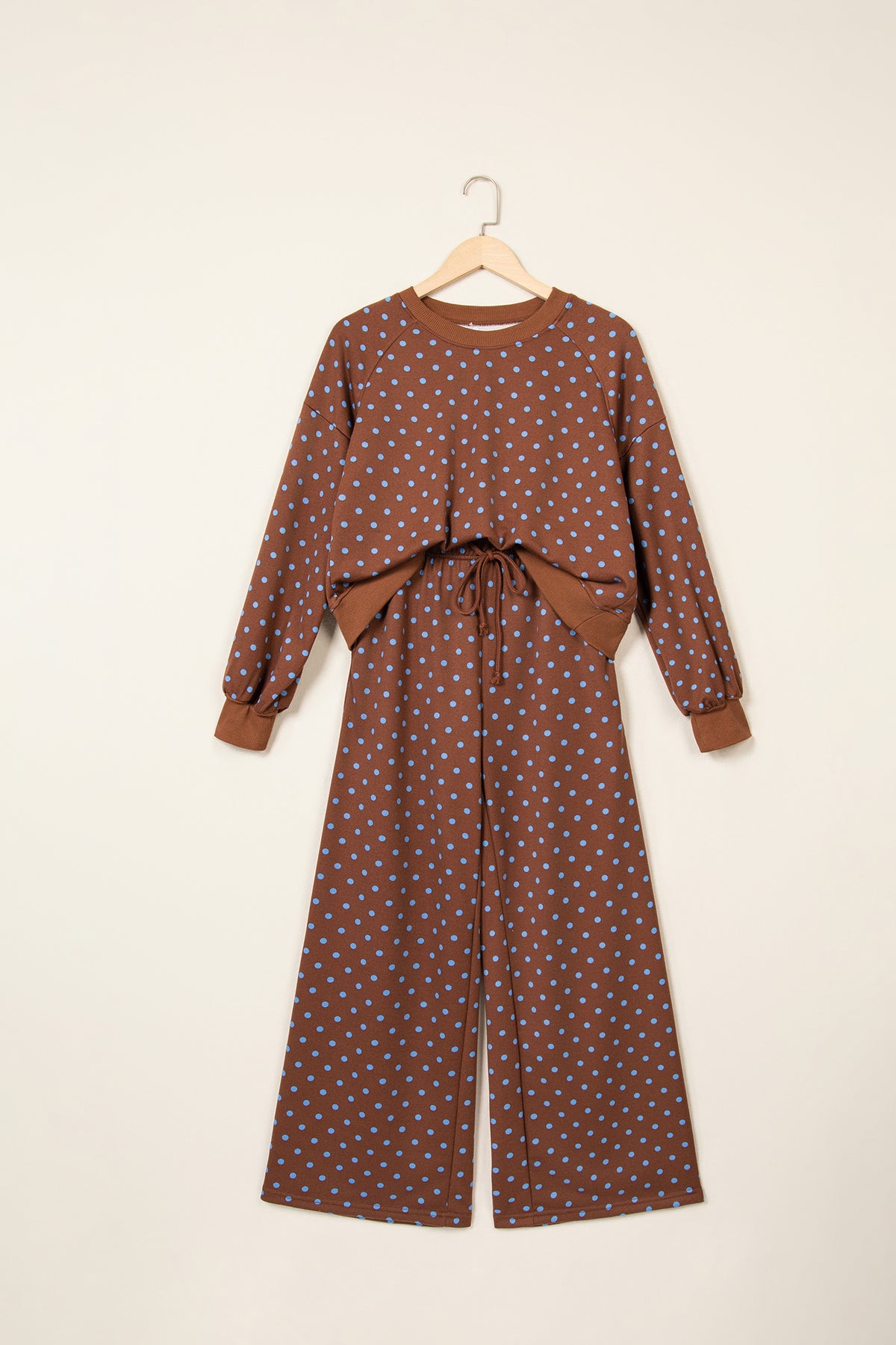 Blue Polka Dot Drawstring Wide Leg Long Sleeve Top Pant Set