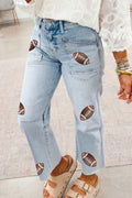 Patched Football Raw Hem Jeans