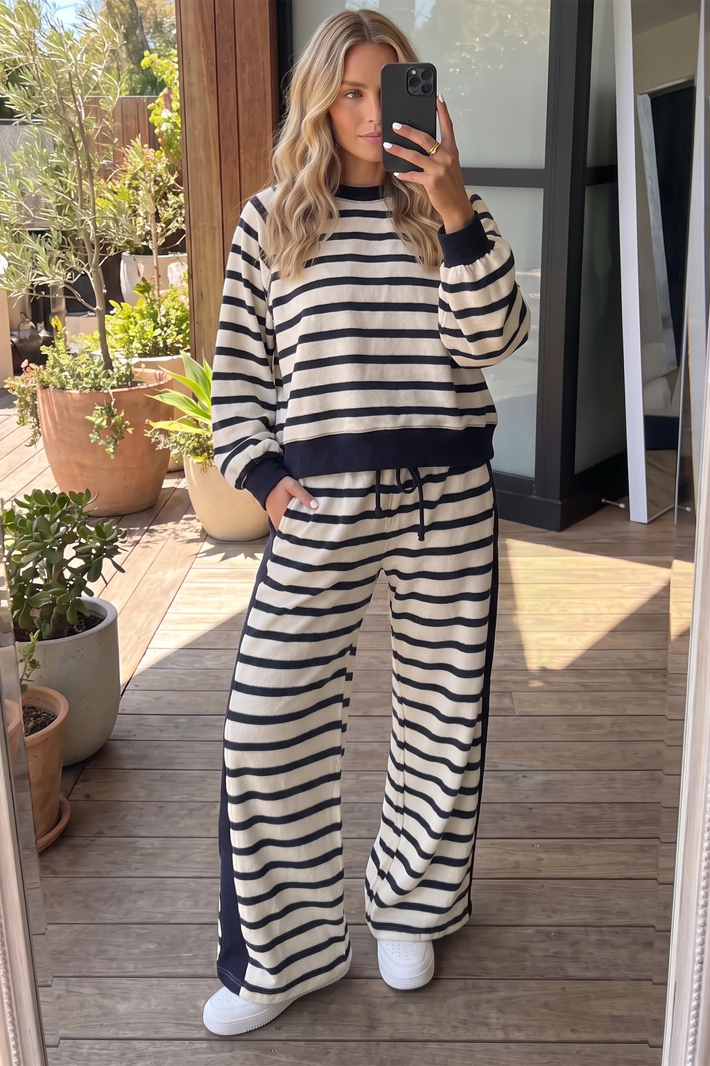 Beige Stripe Cozy Two-Piece Set