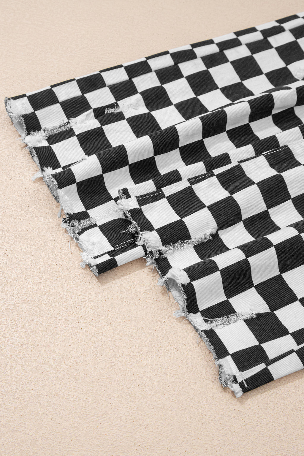 Checkerboard Print Distressed Holes Raw Edge Cropped Jeans
