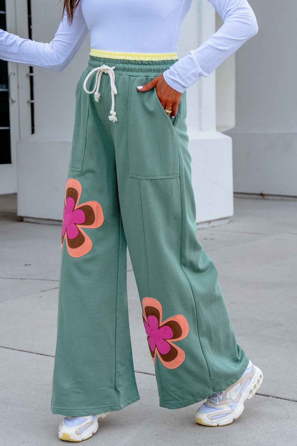 Block Flower Patchwork Drawstring Elastic Waist Wide Leg Pants