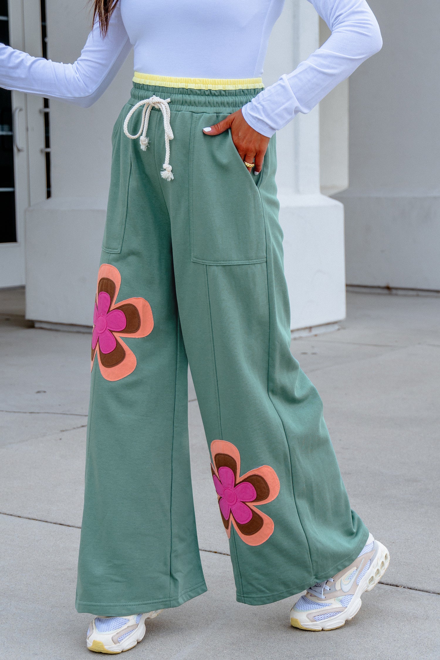 Block Flower Patchwork Drawstring Elastic Waist Wide Leg Pants