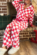 Red Checkered Print Half Zip Hoodie Loose Pant Set