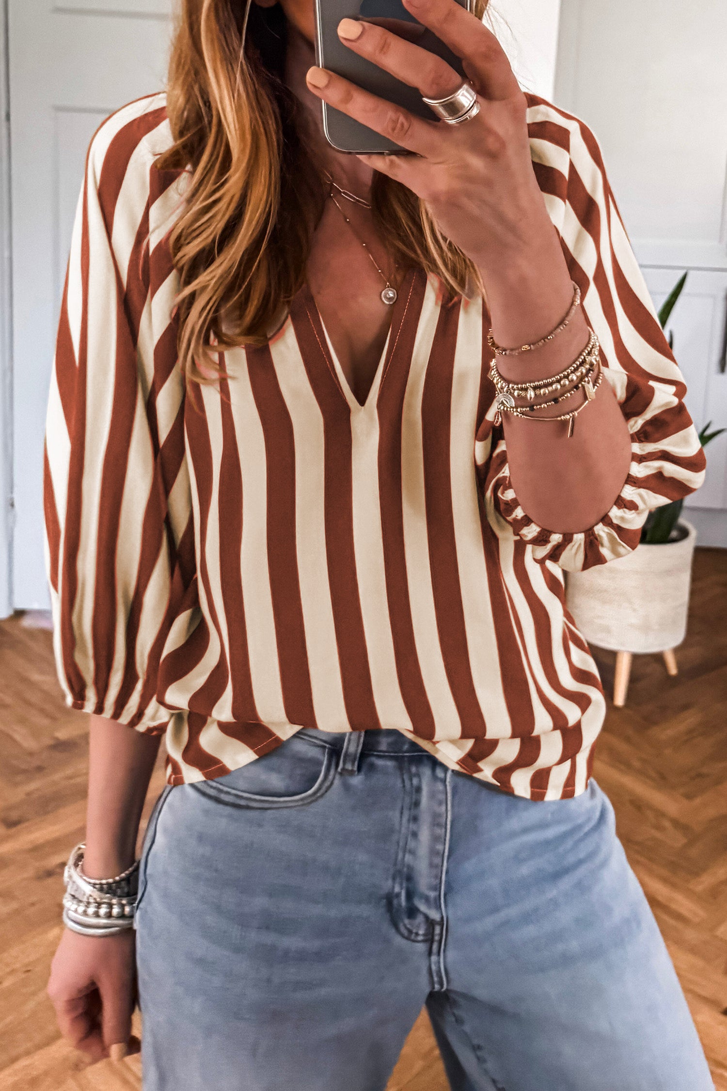 Mocha Stripe V-Neck Top