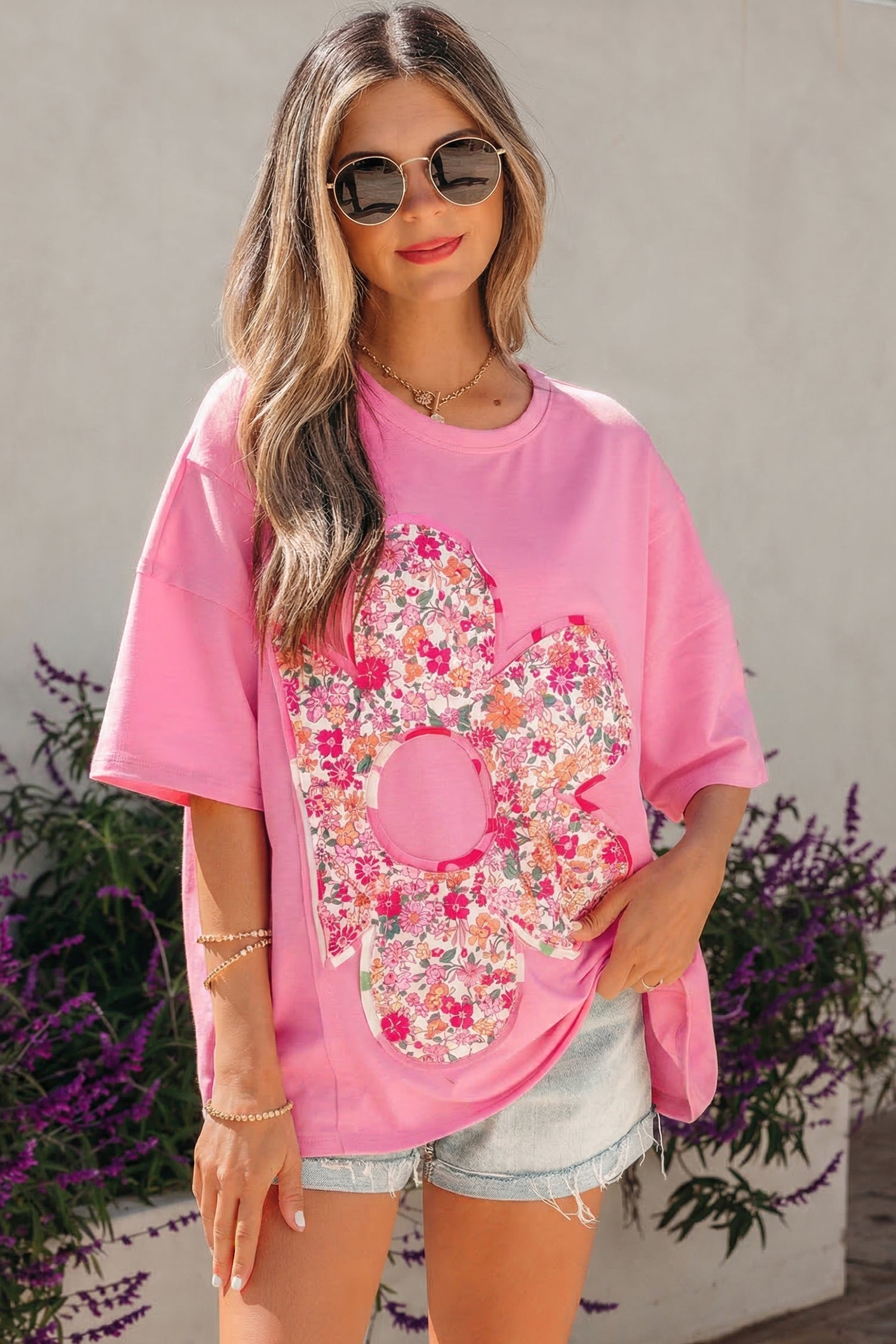Jet Stream Floral Patched Raw Seam Big Flower Oversize Tee