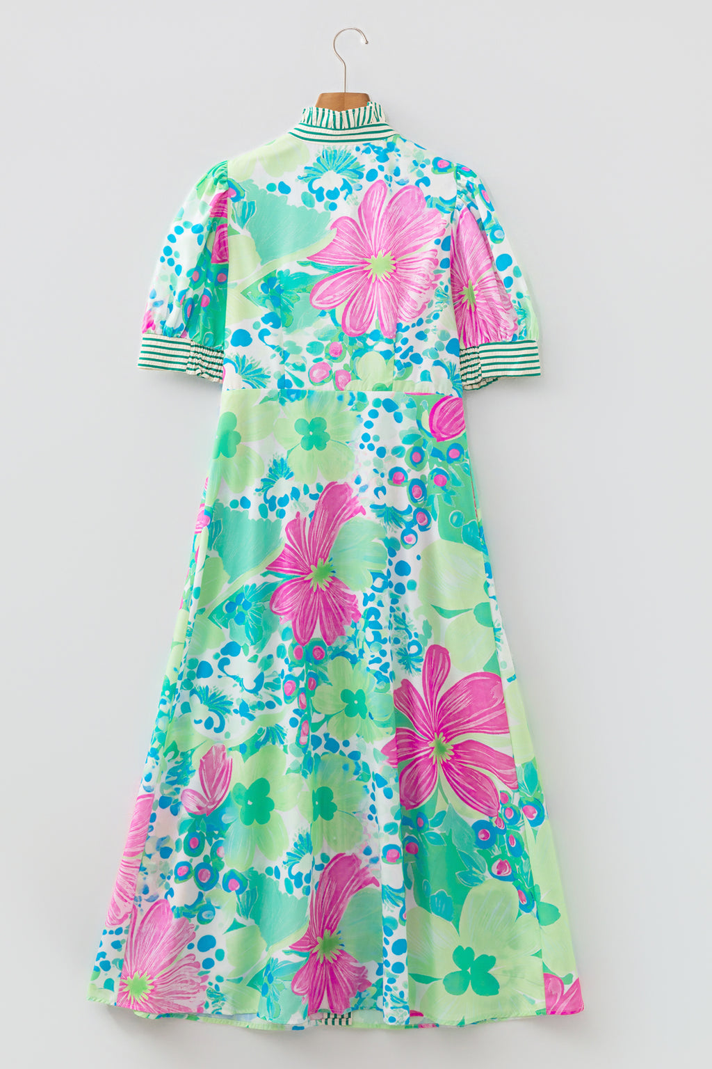 Floral Print Striped Trim Button Down Short Sleeve Dress