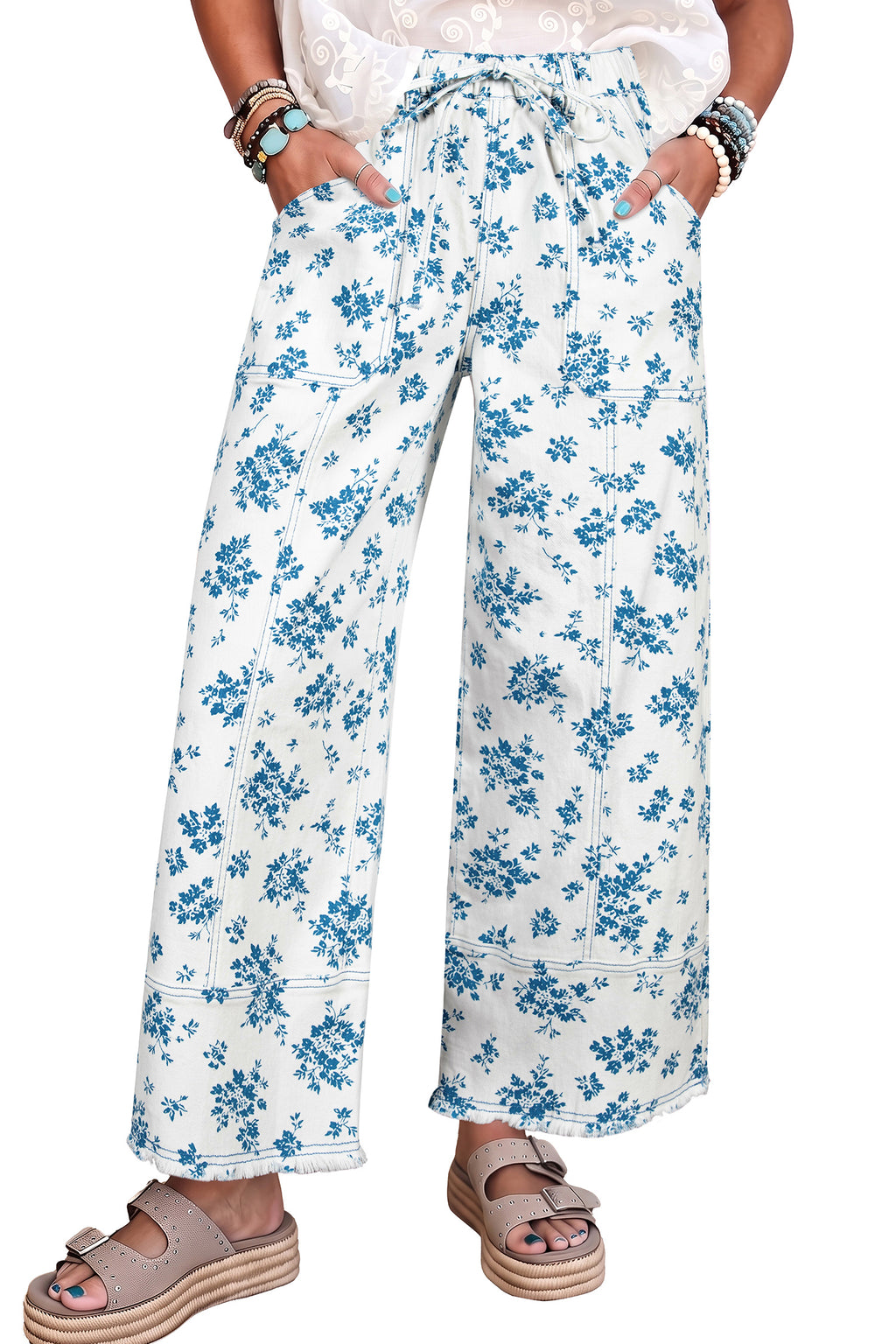 Sky Blue Floral Print Tie Waist Straight Leg Jeans