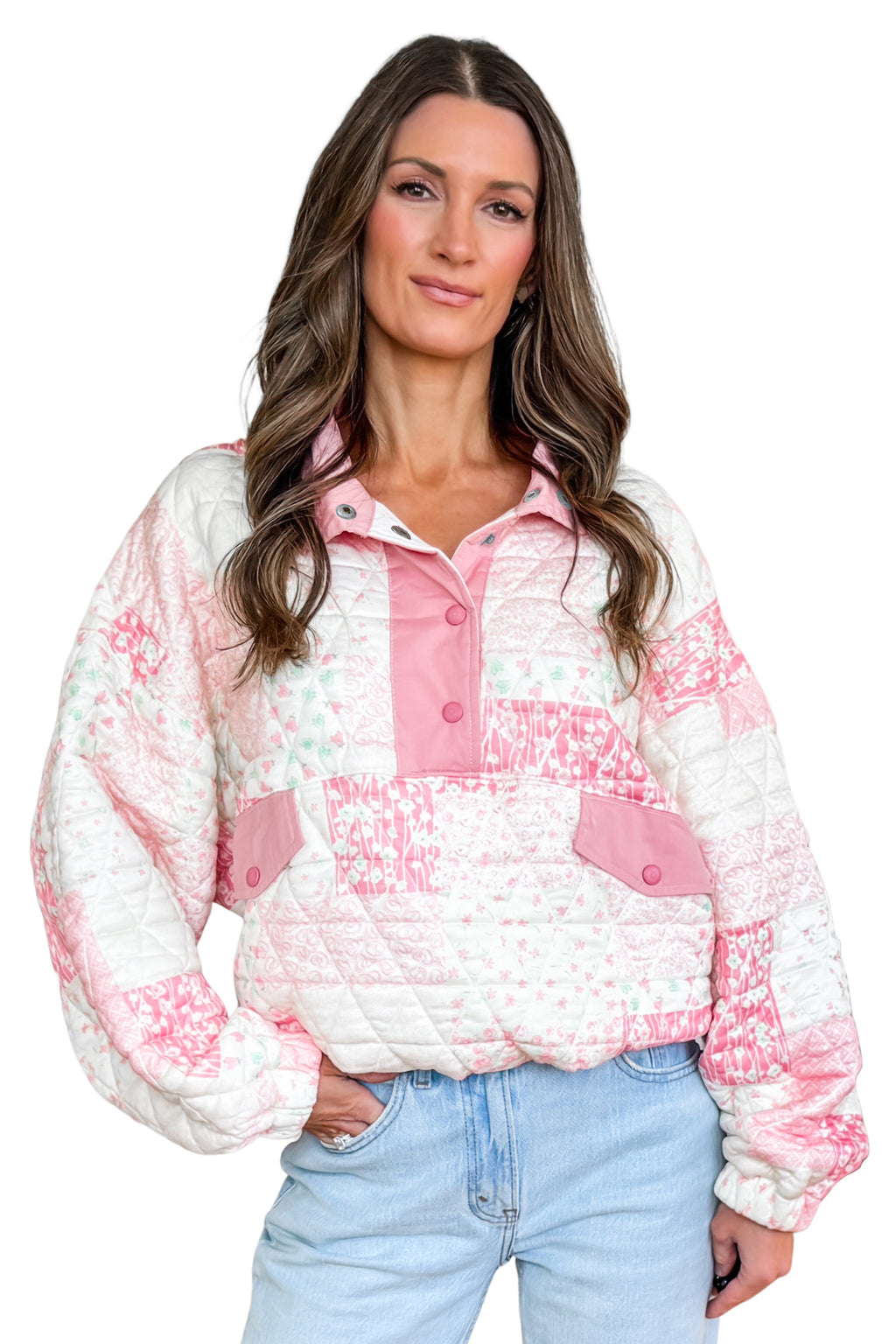 Floral Quilted Half Button Pocketed Pullover