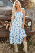 Sky Blue Floral Print Shirred Knot Shoulder Sleeveless Long Dress