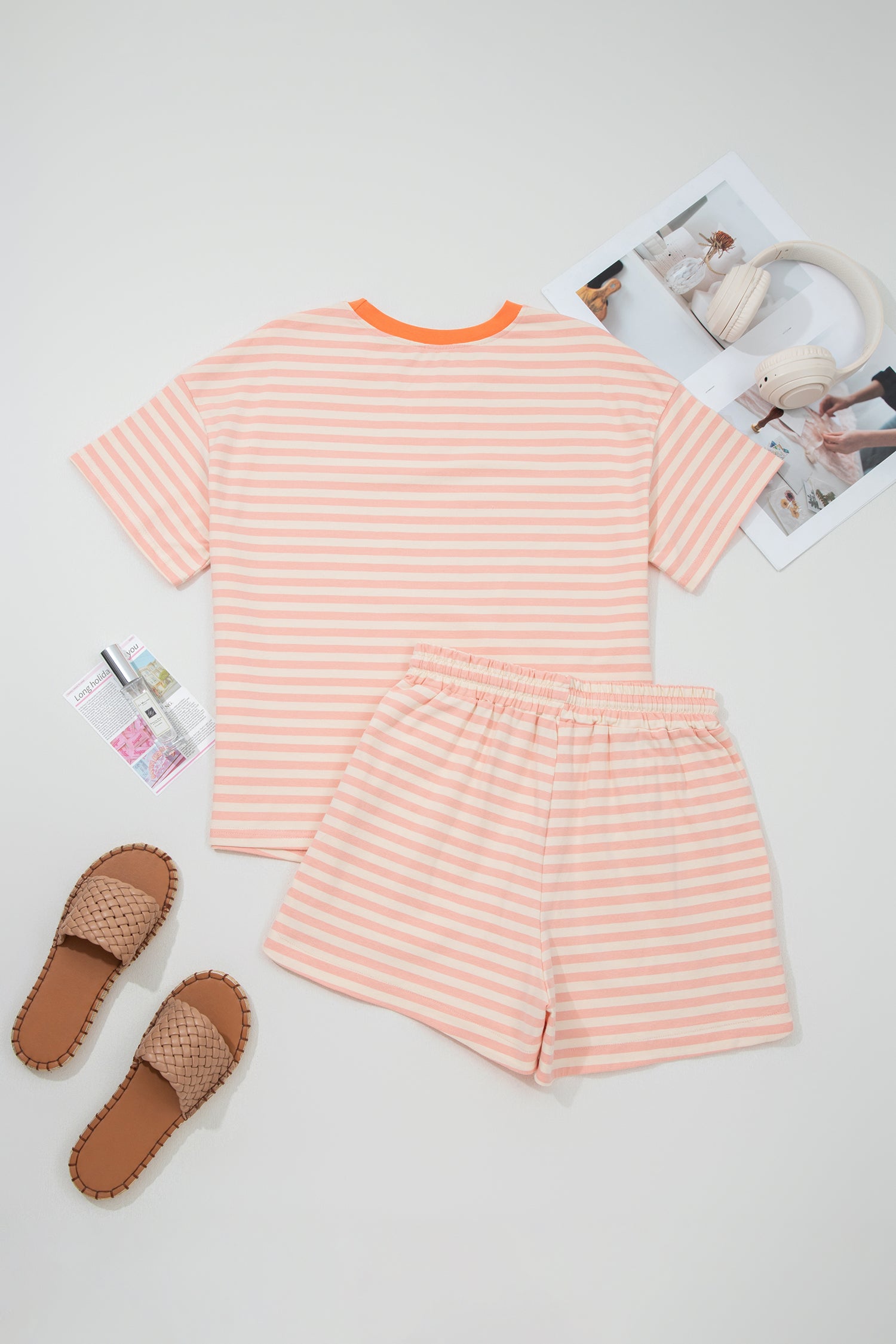 Pink Stripe Contrast Neck Loose Tee and Drawstring Shorts Set