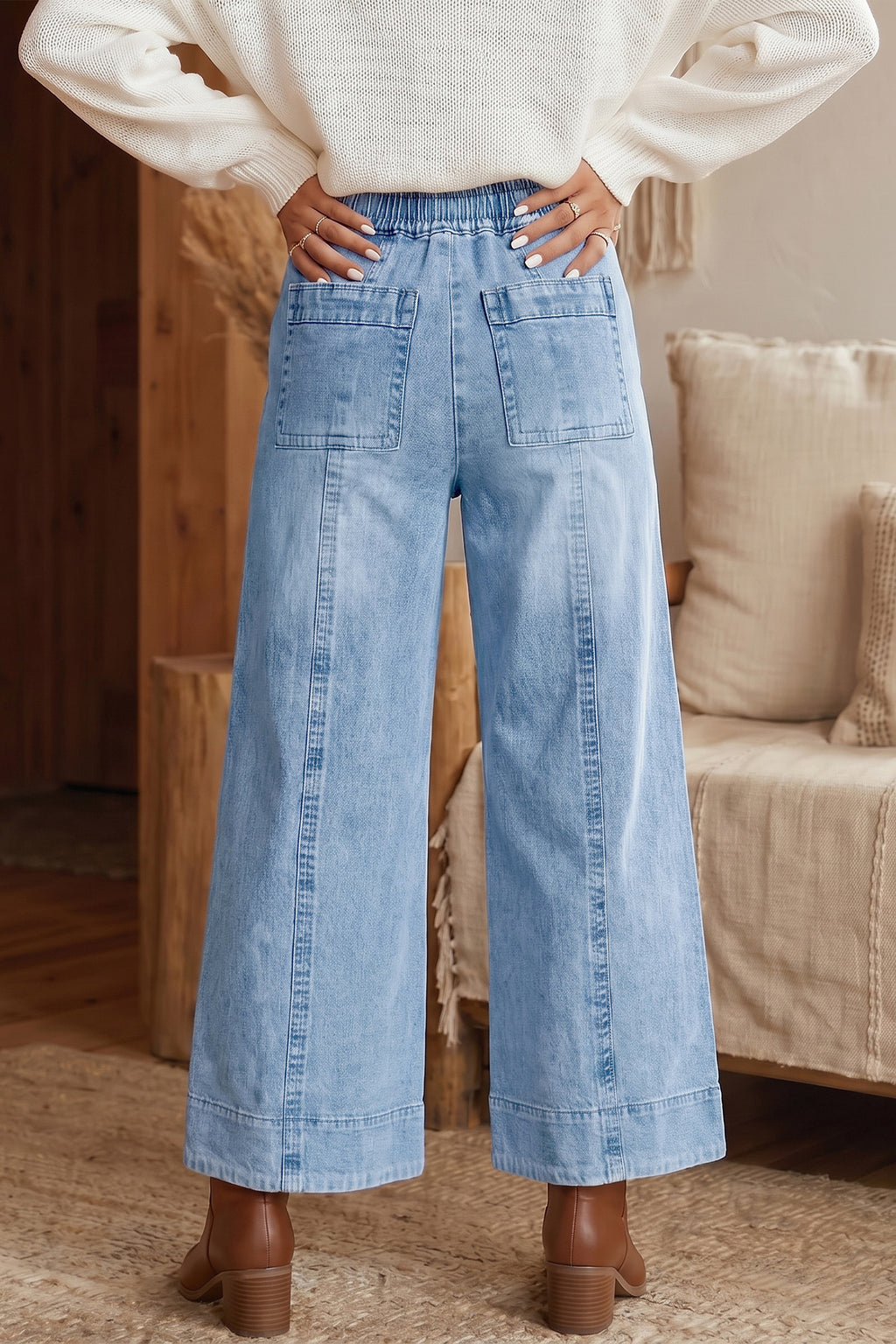 Beau Blue Drawstring Waist Wide Leg Ankle Length Jeans