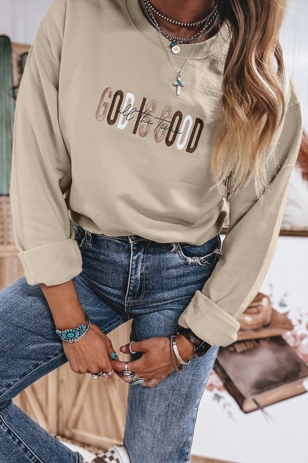 GOD IS GOOD Western Embroidered Crewneck