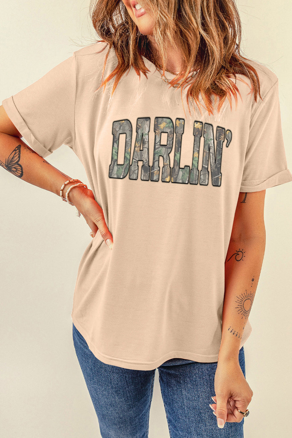 Khaki DARLIN Camo Letter Crewneck