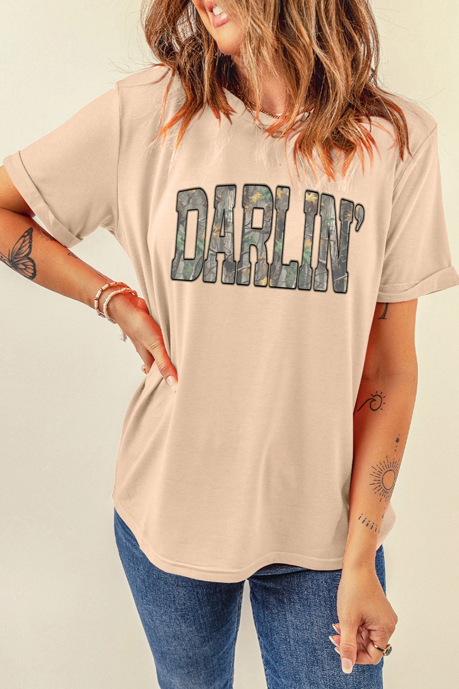 Khaki DARLIN Camo Letter Crewneck