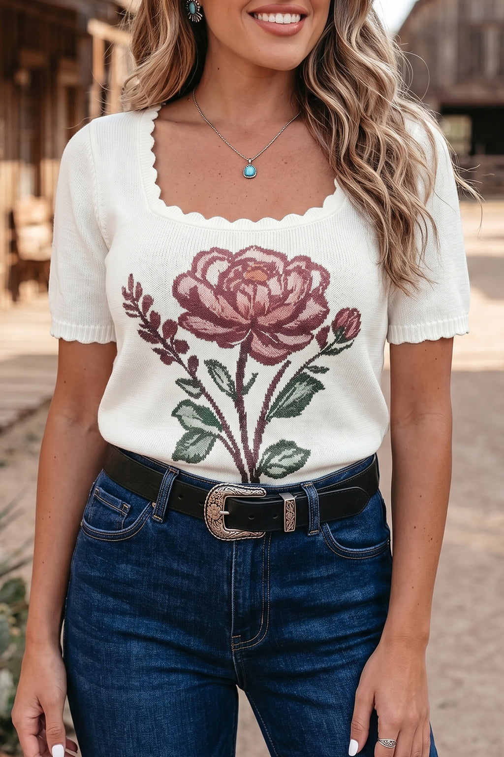 White Western Floral Print Short Sleeve Square Collar Knit Sweater