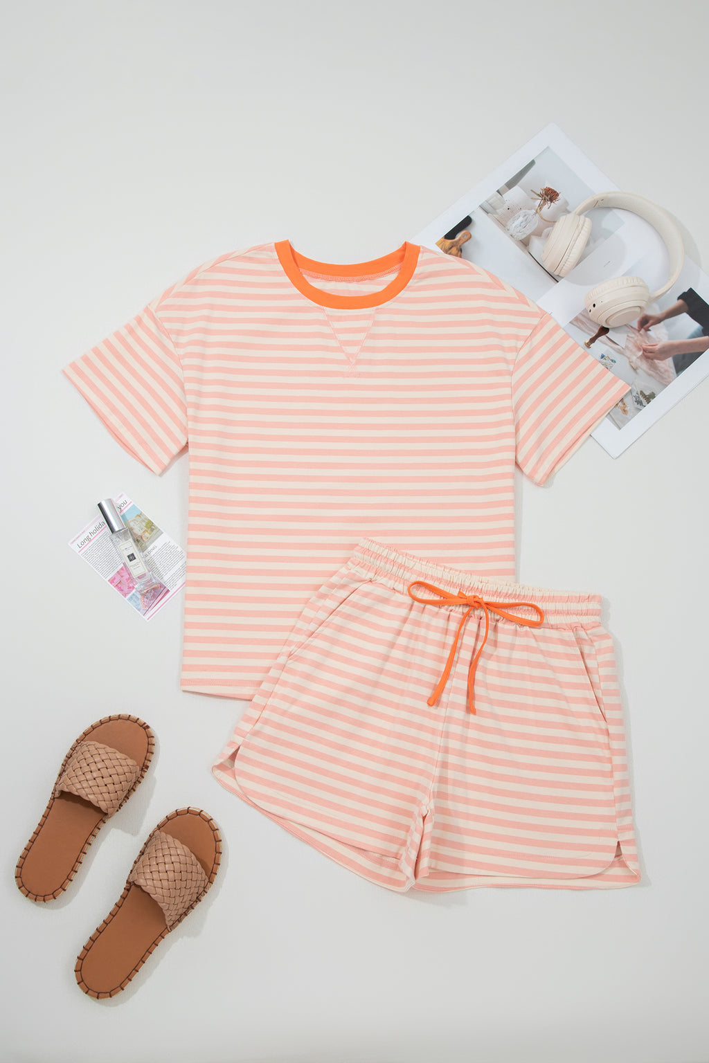 Pink Stripe Contrast Neck Loose Tee and Drawstring Shorts Set