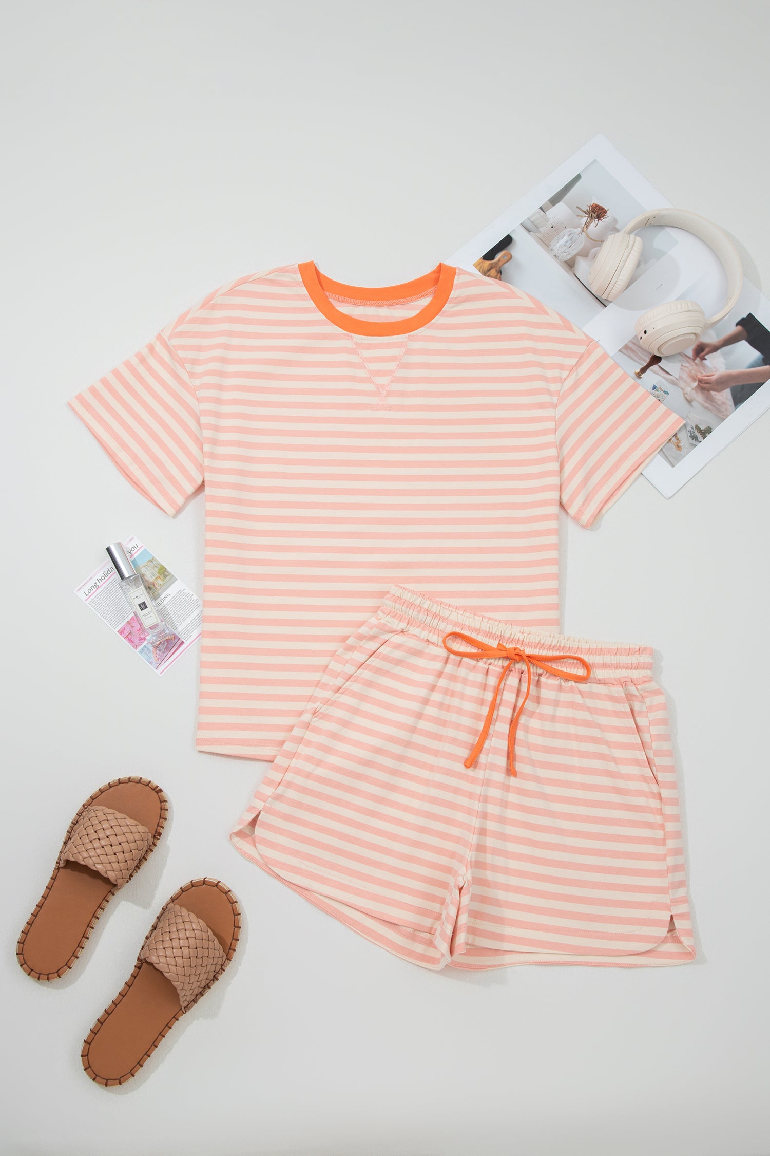 Pink Stripe Contrast Neck Loose Tee and Drawstring Shorts Set