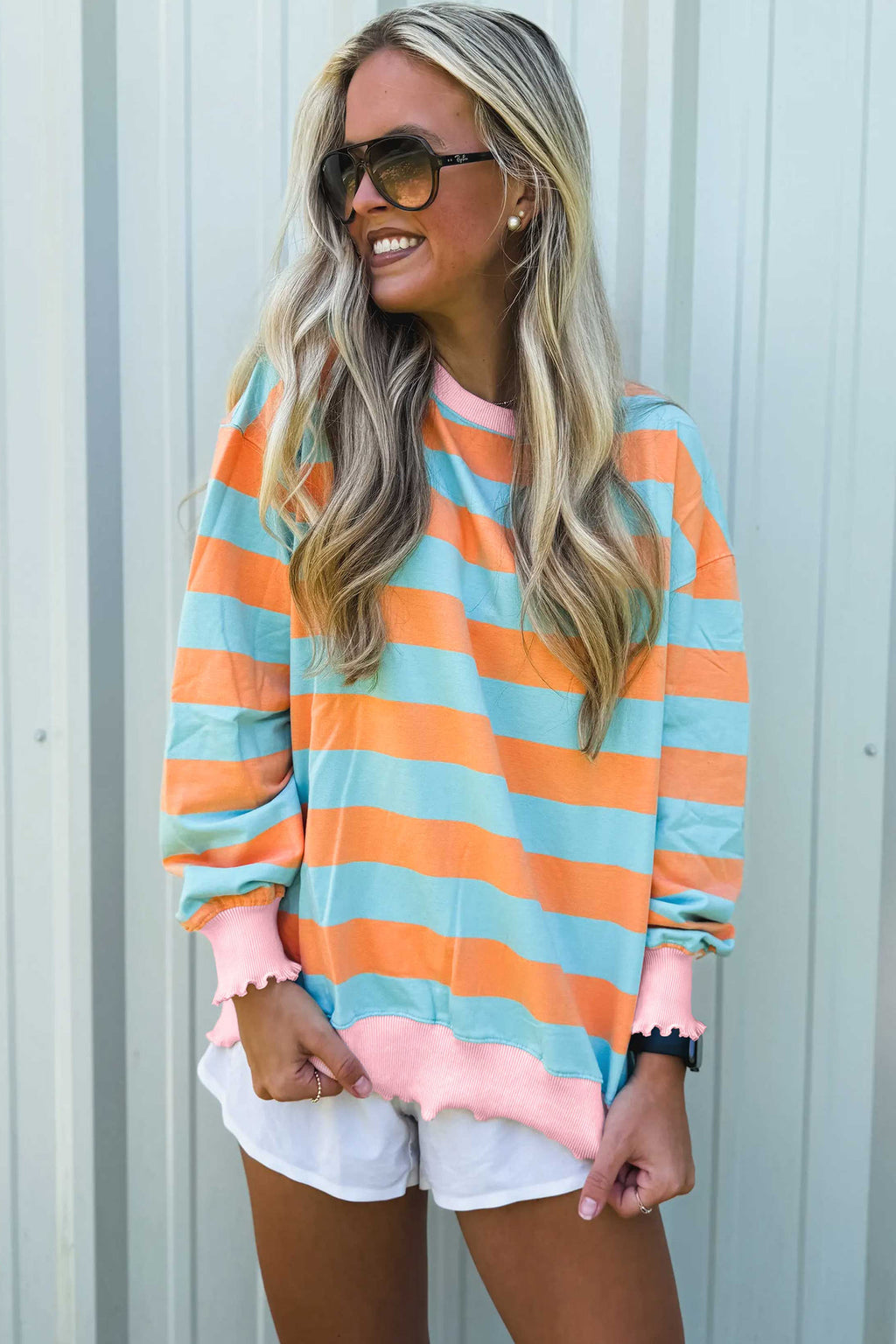 Orange Stripe Ruffle Trim Top
