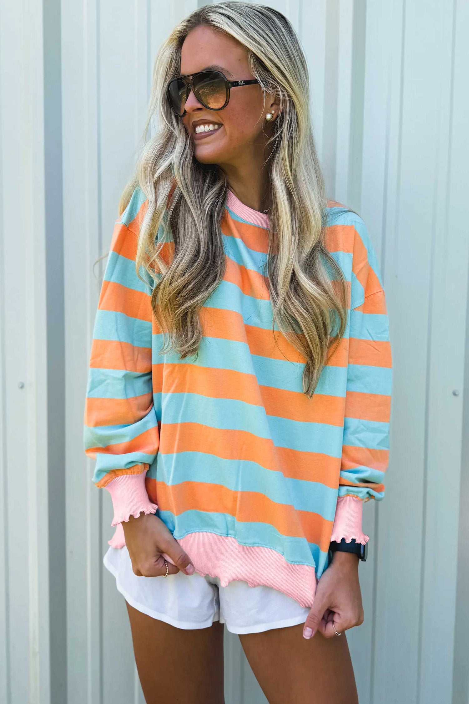 Orange Stripe Ruffle Trim Top