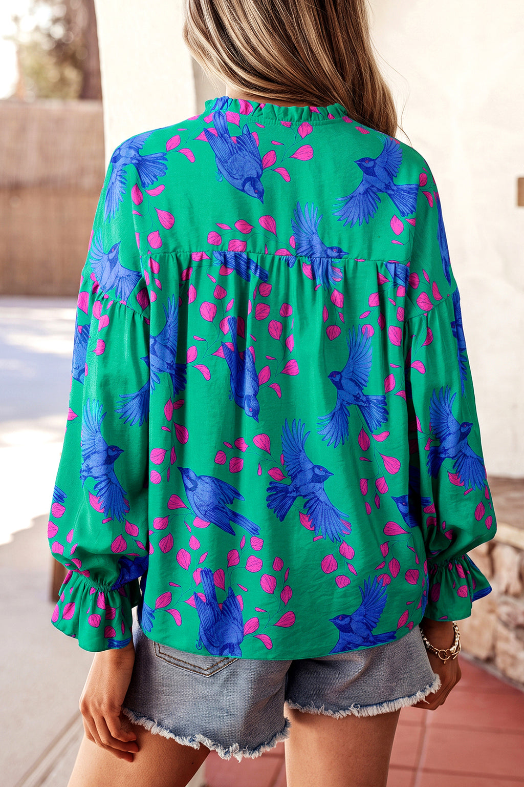 Green Abstract Print V Neck Flounced Puff Sleeve Blouse