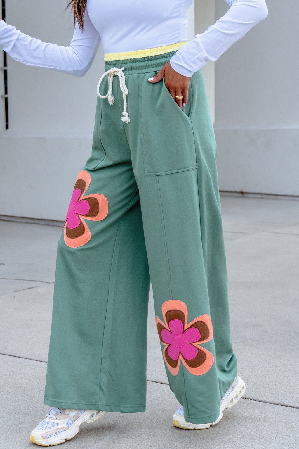 Block Flower Patchwork Drawstring Elastic Waist Wide Leg Pants