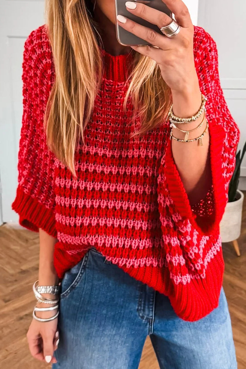 Black Stripe 3/4 Draped Sleeve Slouchy Sweater