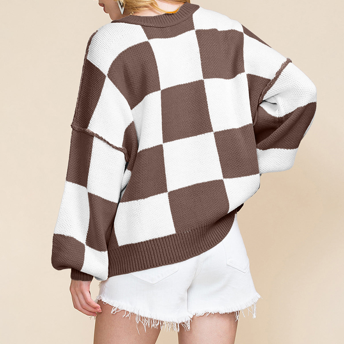 Pink Checkered Bishop Sleeve Sweater