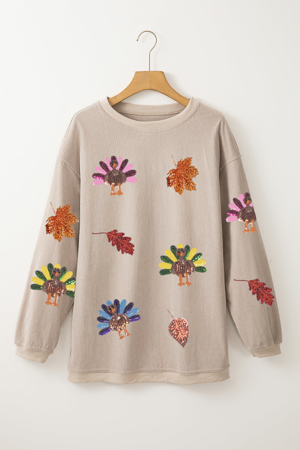 Smoke Gray 3D Ribbed Sequin Fall Leaf Turkey Graphic Baggy Sweatshirt