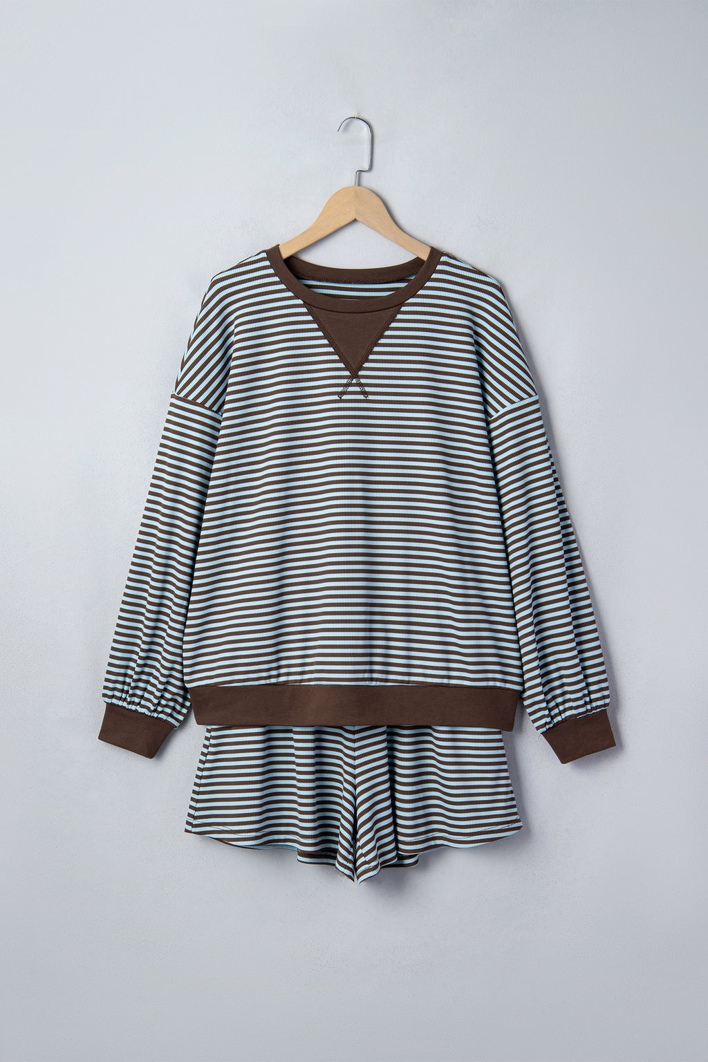 Brown Stripe Oversized Long Sleeve Top Drawstring Loose Shorts 2pcs Set