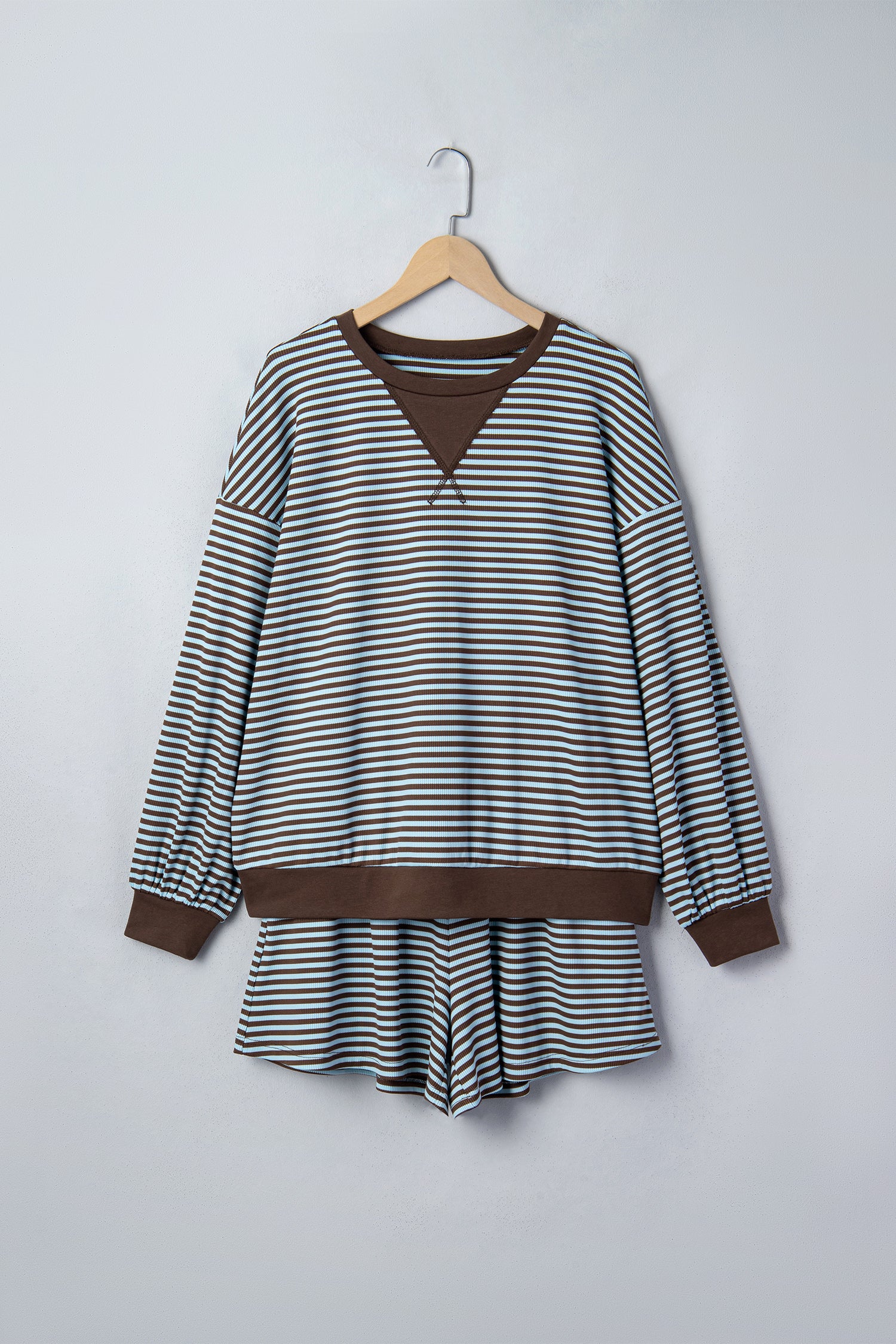 Brown Stripe Oversized Long Sleeve Top Drawstring Loose Shorts 2pcs Set