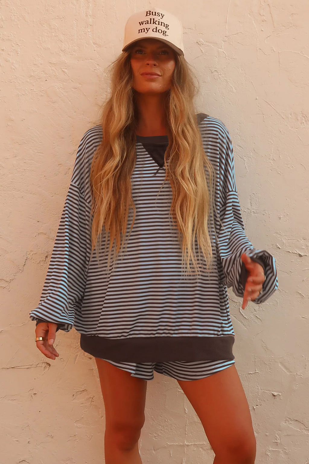 Brown Stripe Oversized Long Sleeve Top Drawstring Loose Shorts 2pcs Set
