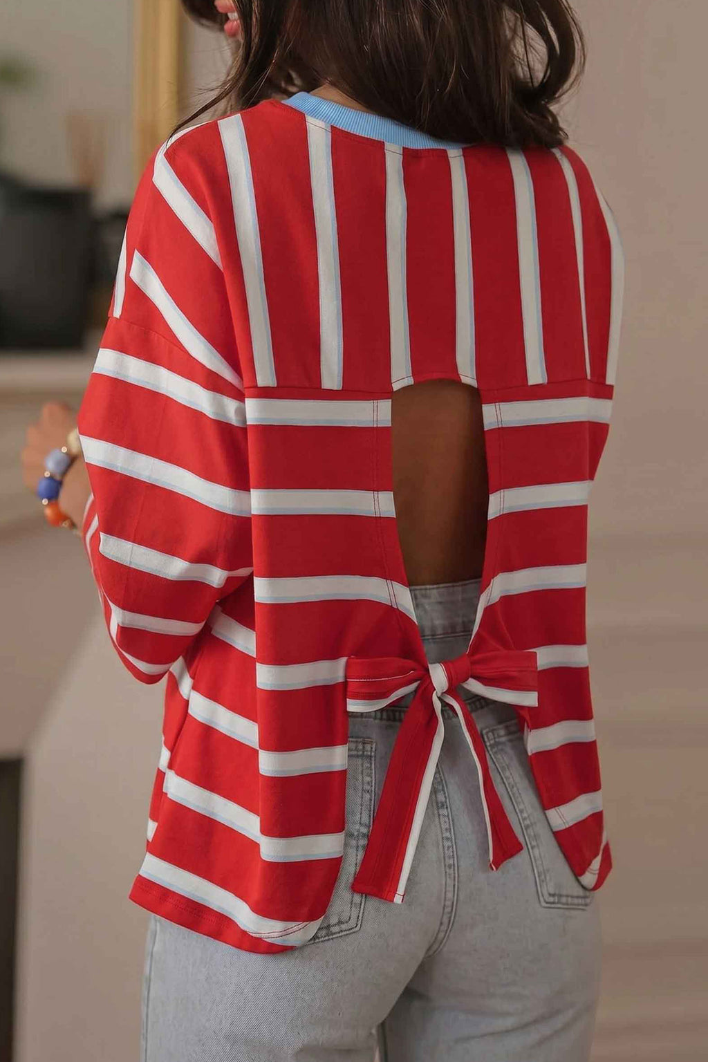 Racing Red Striped Bow Tie Hollowed Back 7/8 Sleeve Casual T-Shirt