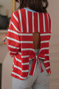 Racing Red Striped Bow Tie Hollowed Back 7/8 Sleeve Casual T-Shirt