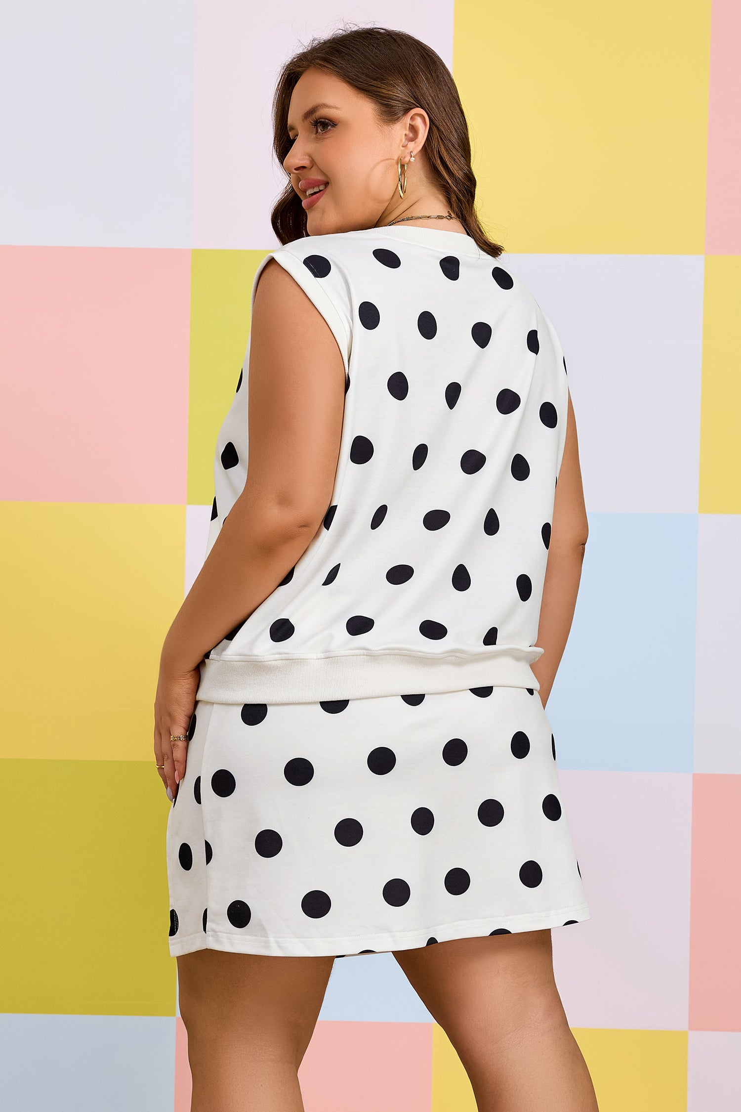 White Plus Size Polka Dot Printed Tank & Skort 2pcs Set