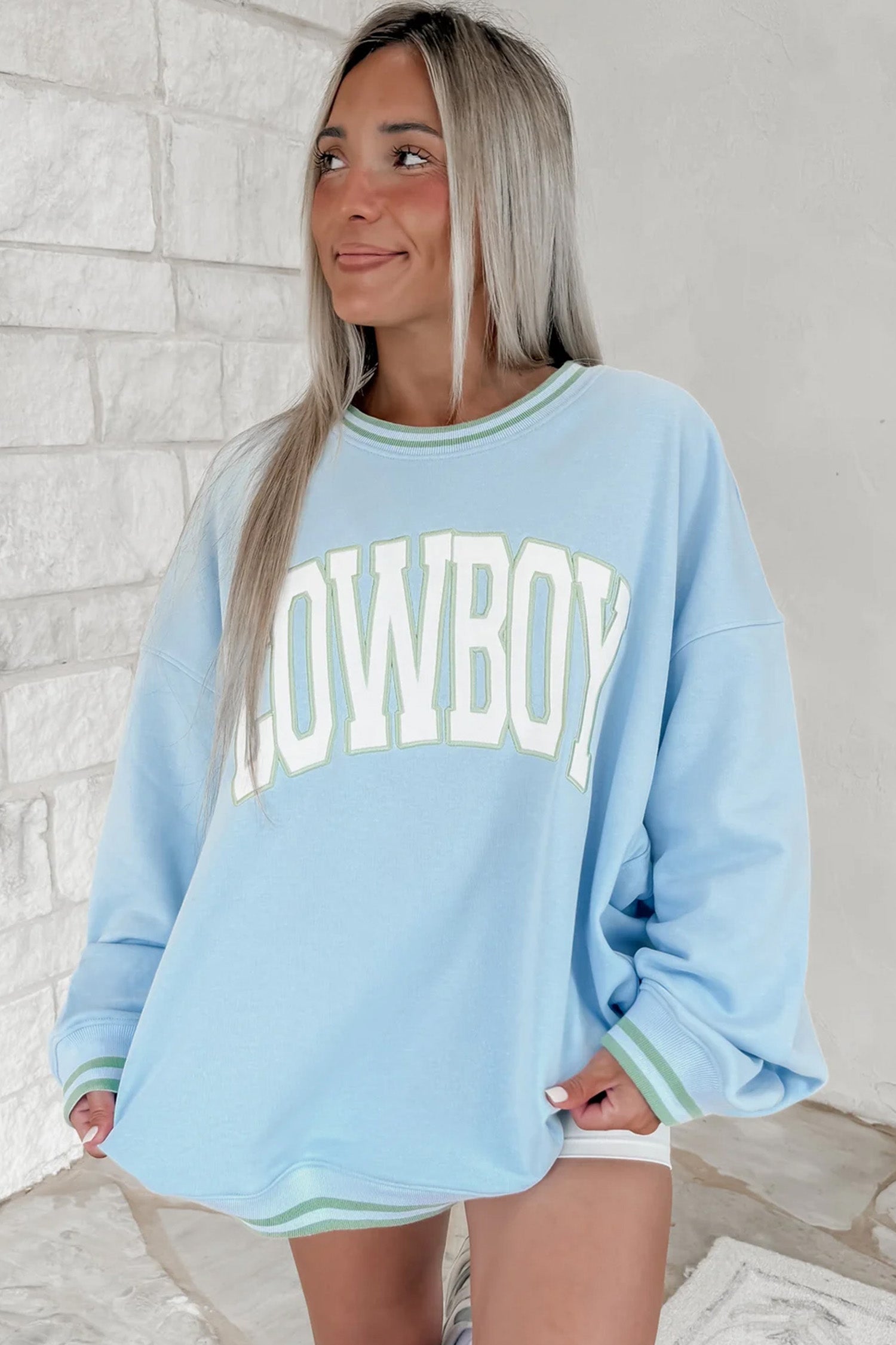 Beau Blue Embroidered Cowboy Letter Print Long Sleeve Round Neck Sweatshirt