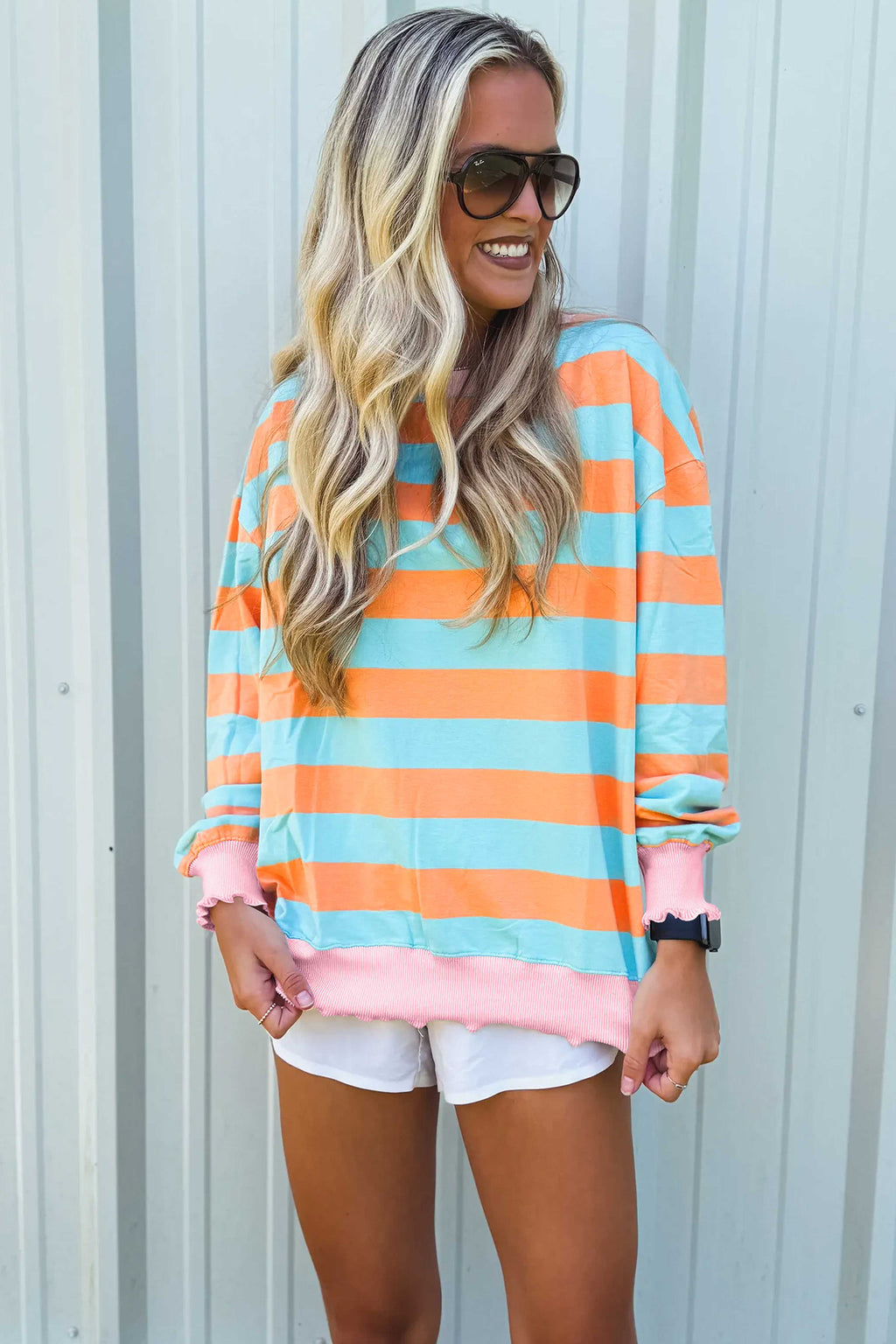 Orange Stripe Ruffle Trim Top
