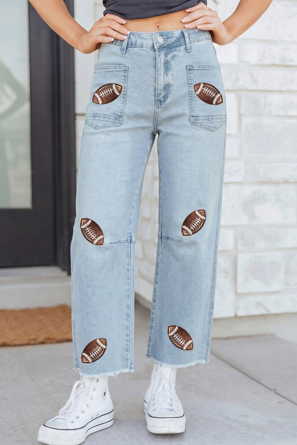 Patched Football Raw Hem Jeans