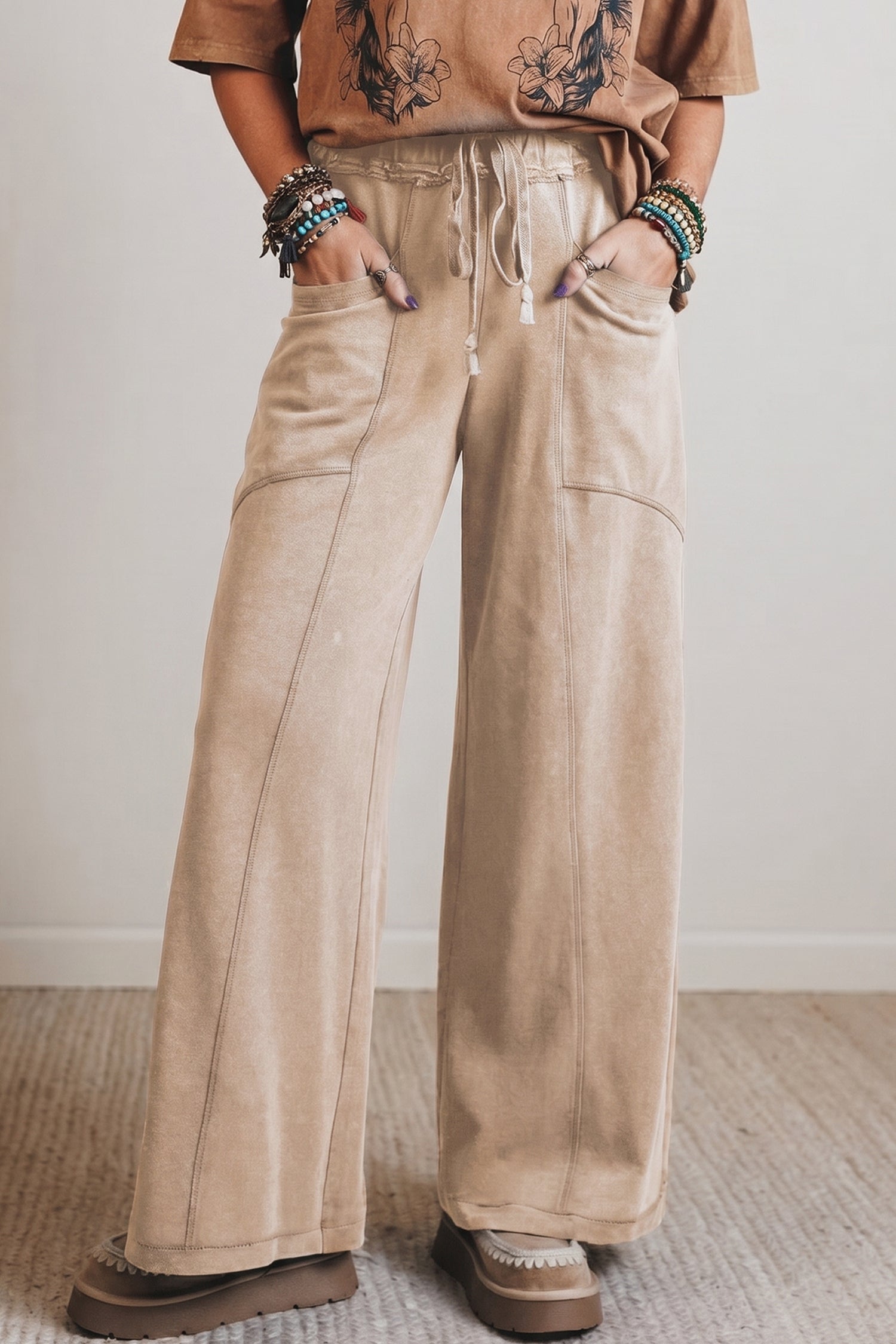 Mineral Wash Drawstring High Waist Wide Leg Western Pants