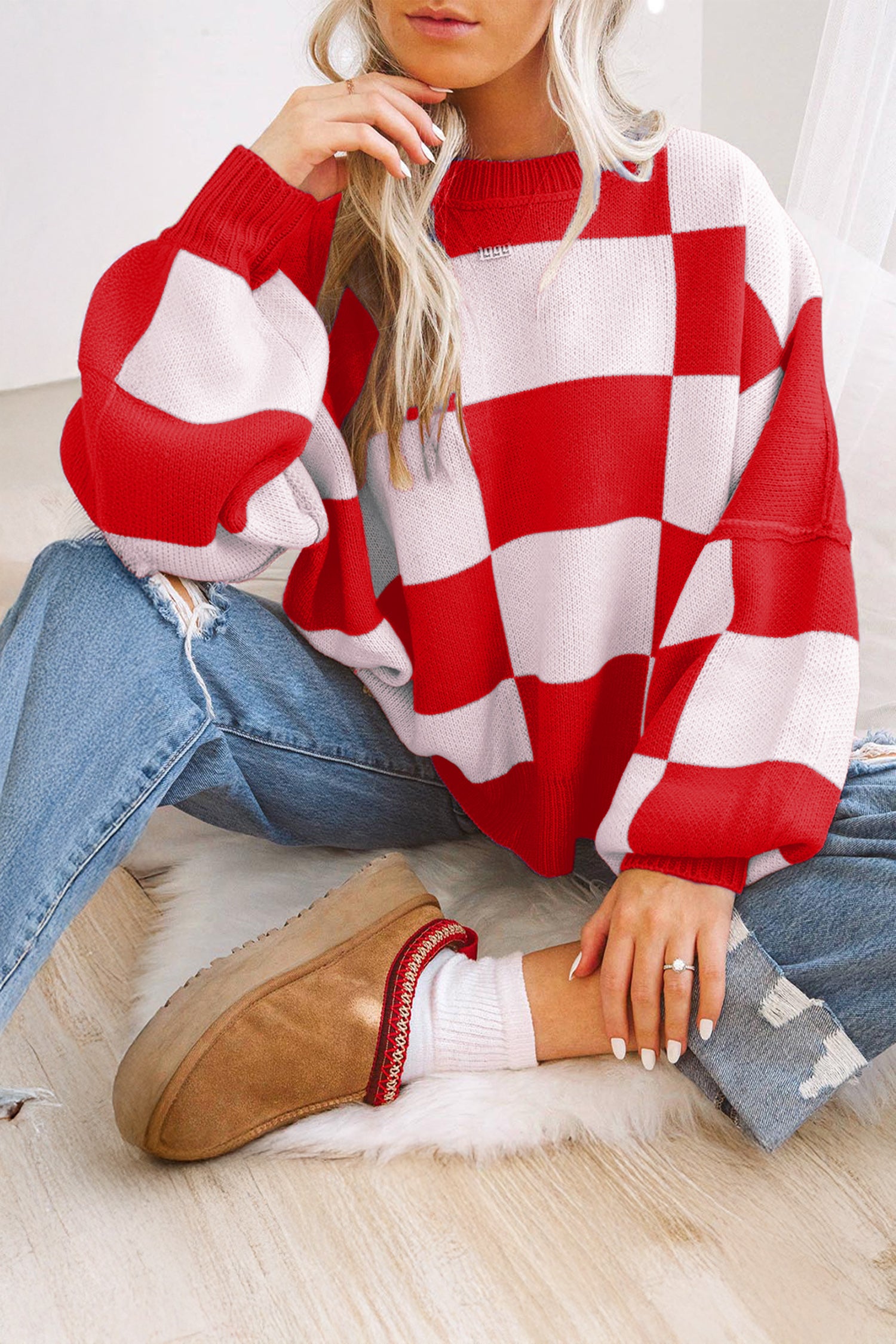 Pink Checkered Bishop Sleeve Sweater
