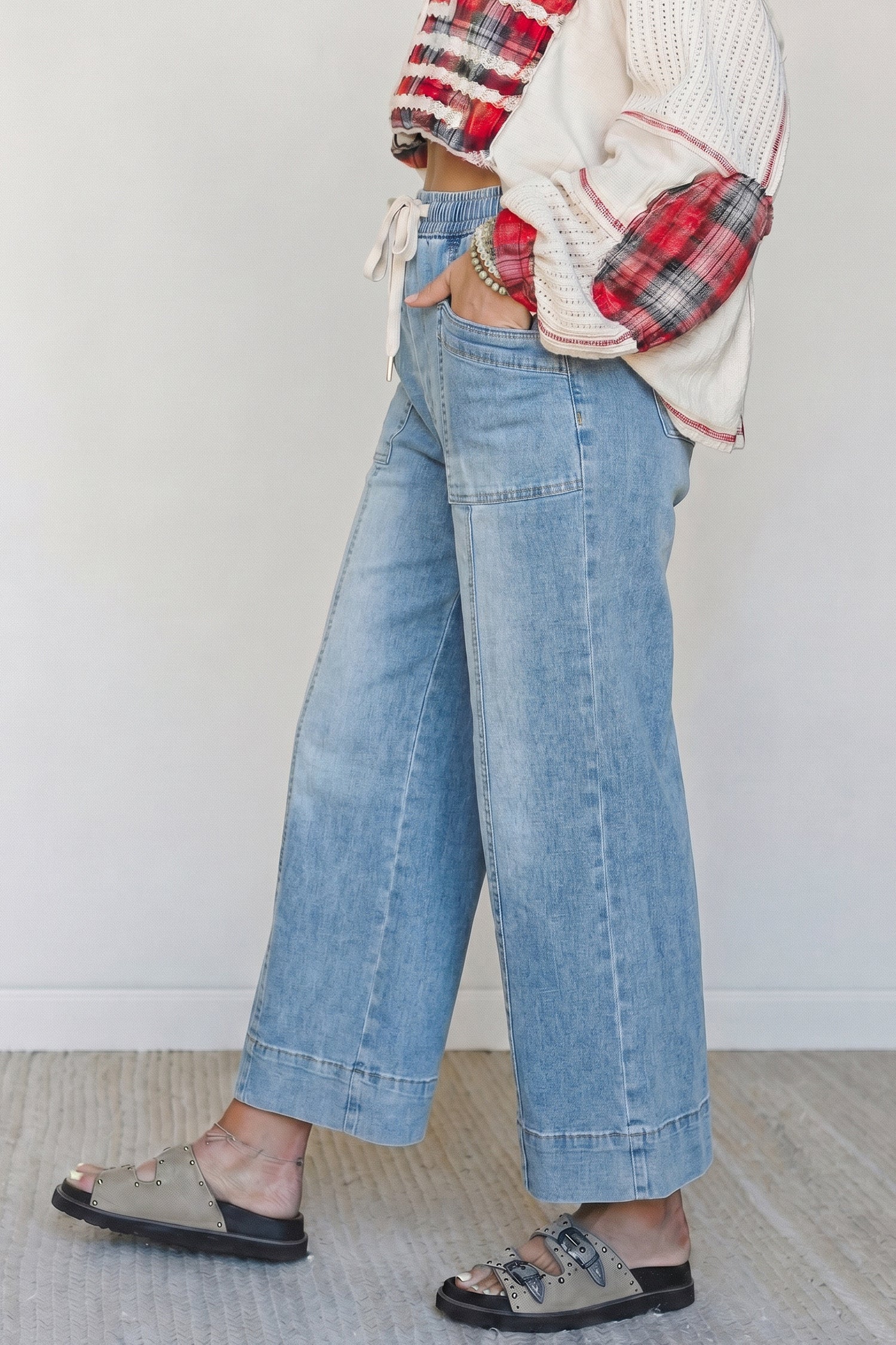 Beau Blue Drawstring Waist Wide Leg Ankle Length Jeans