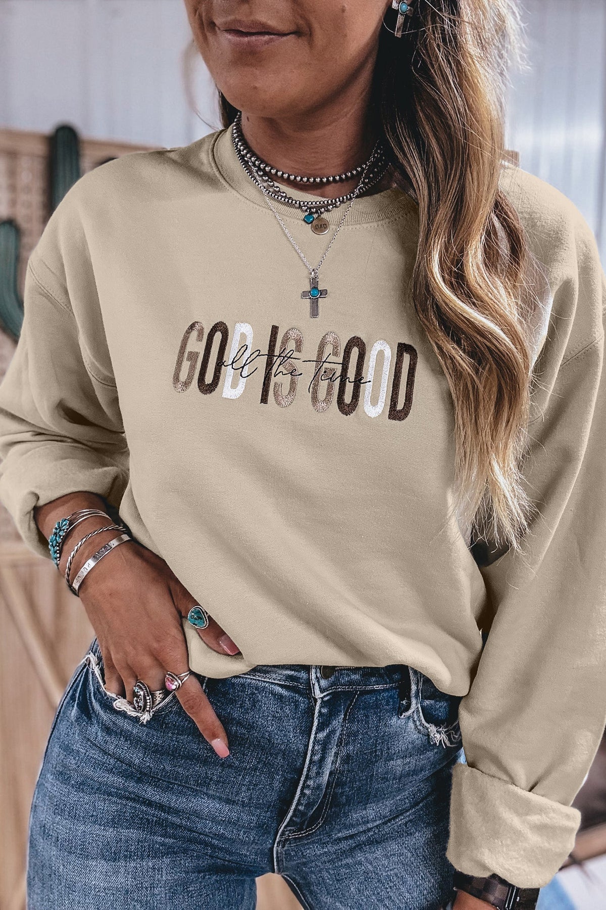 GOD IS GOOD Western Embroidered Crewneck