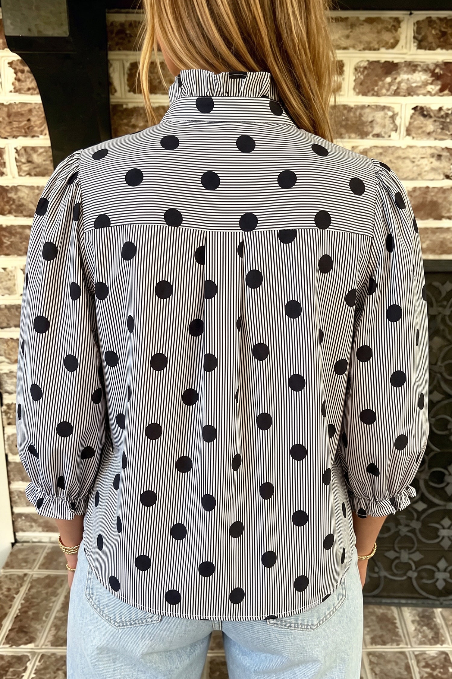 Polka Dot Stripe Ruffle Neck Top