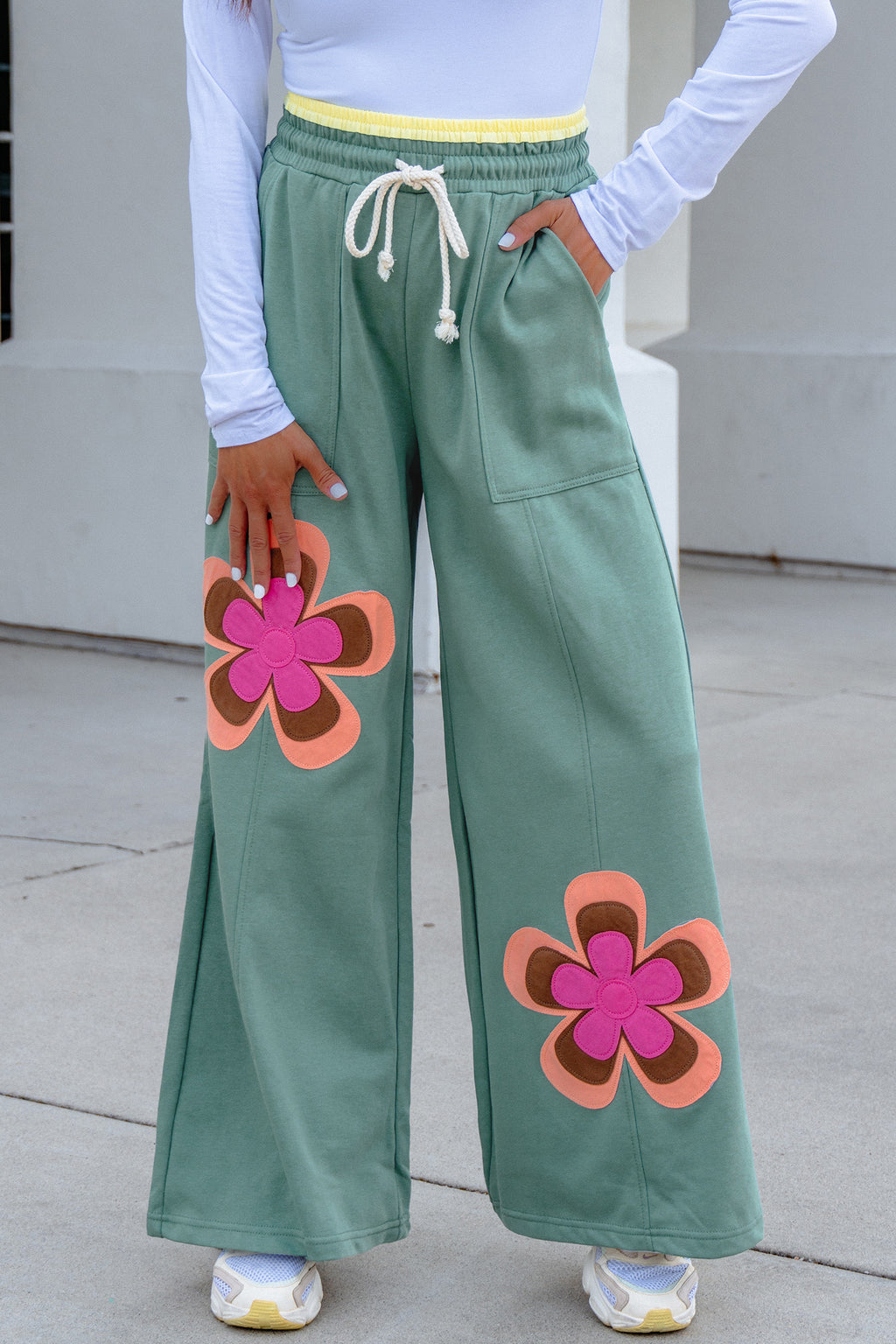 Block Flower Patchwork Drawstring Elastic Waist Wide Leg Pants